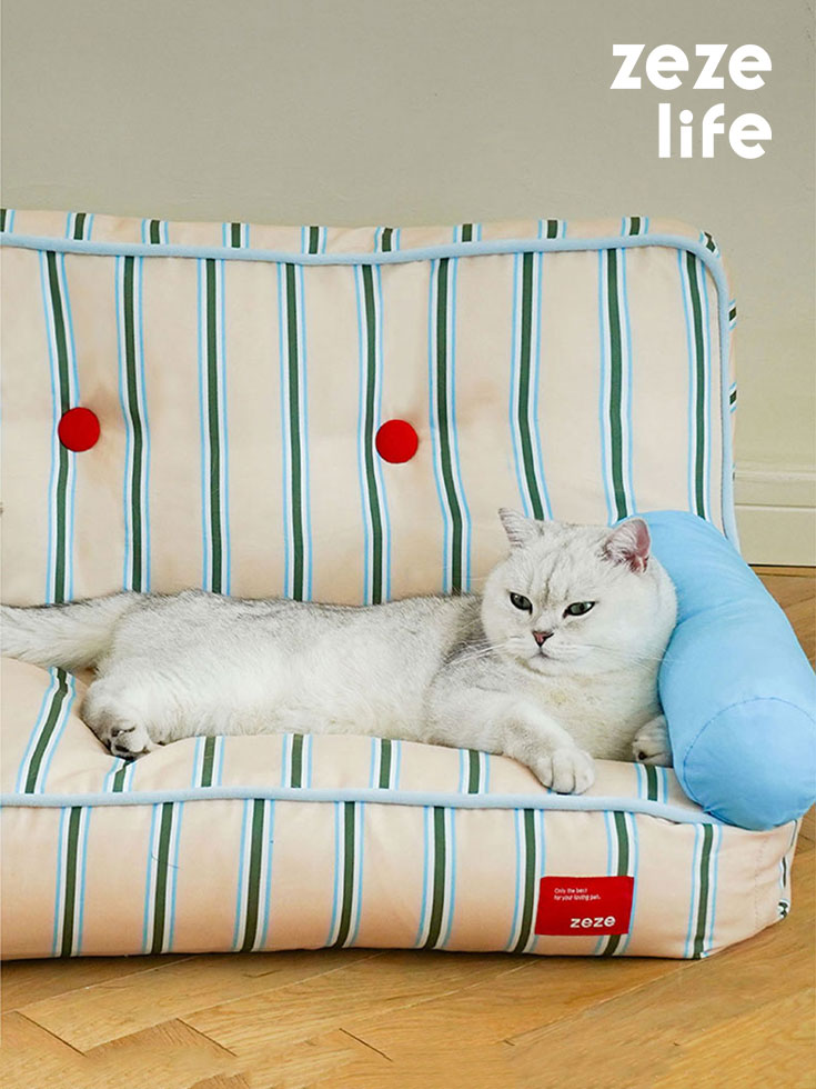 Blue and White Striped Cat Couch