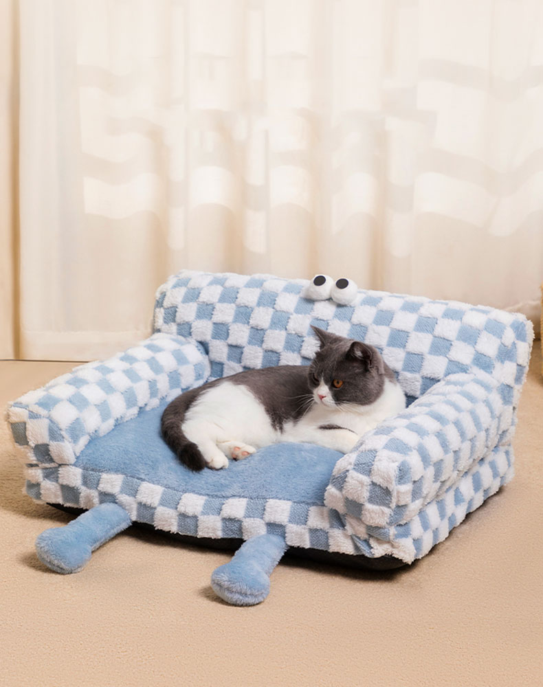 Big-eyed Blue and White Checkered Cat Couch