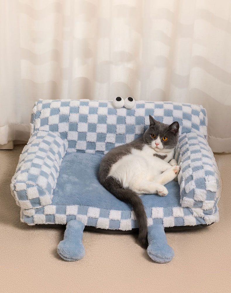 Big-eyed Blue and White Checkered Cat Couch